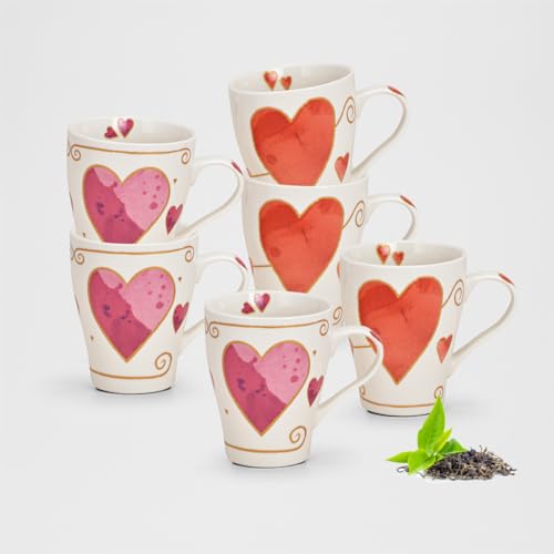 Tassen 6er Set in weiß rosa orange mit Herz - Schöne Porzellan Kaffeetassen in 380ml für Cappuccino Kaffee Tee - Moderne Kaffeebecher spülmaschinenfest und mikrowellengeeignet als Geschenk von matches21 HOME & HOBBY