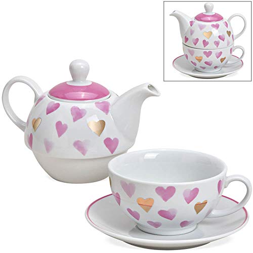 Teekanne Set in rosa pink gold und weiß mit Herz - Süße Porzellan Teetasse mit Deckel für 400ml | 200ml - Außergewöhnliche Kaffeetassen spülmaschinenfest und mikrowellengeeignet als Geschenk von matches21 HOME & HOBBY