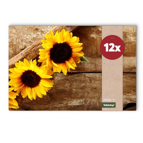 Tischsets 12er als abwaschbare Tischdeko für Sommer und Herbst - Platzsets Sonnenblumen Blumen als Tischuntersetzer in 43 cm - Platzdeckchen als Tischunterlage für Esstisch Wohnzimmer Tisch von matches21 HOME & HOBBY