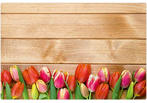 Tischsets 4er als abwaschbare Frühling und Ostern Tischdeko - Platzsets Tulpen Blumen Holzoptik als Tischuntersetzer in 43 cm - Platzdeckchen als Tischunterlage für Esstisch Wohnzimmer Tisch von matches21 HOME & HOBBY