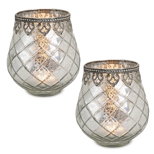 Vintage Kerzengläser Windlichter silber - 2 Moderne Windlichtgläser in 14 cm als Kerzenständer Laterne Teelichthalter - Boho Kerzenhalter Teelichtglas als Hochzeit Tisch-Deko Balkon Garten Deko Vintage Kerzengläser Windlichter silber - 2 Moderne Windlichtgläser in 14 cm als Kerzenständer Laterne Teelichthalter - Boho Kerzenhalter Teelichtglas als Hochzeit Tisch-Deko Balkon Garten Deko von matches21 HOME & HOBBY