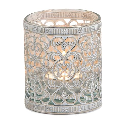 Vintage Kerzenglas Windlicht silber weiss in 8 cm - Modernes Windlichtglas als Kerzenständer Laterne und Teelichthalter - Boho Kerzenhalter Teelichtglas für Wohnzimmer Tisch-Deko, Balkon, Hochzeit von matches21 HOME & HOBBY