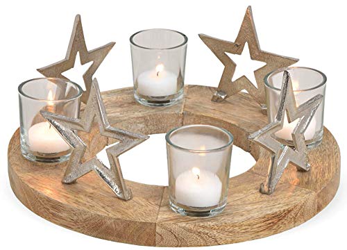 matches21 Adventskranz Adventsgesteck Holz mit Metall Sternen & Glas Kerzenhalter Tisch-Deko Silber braun Ø 30x12 cm von matches21 HOME & HOBBY