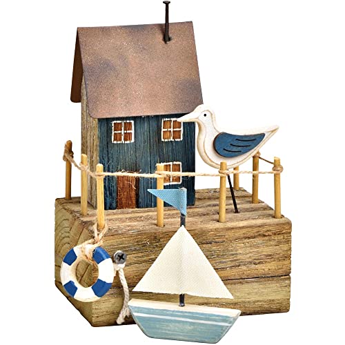 matches21 Bootshaus Maritime Deko Hafen Szene mit Möwe Boot & Häuschen blau Figur Holz Dekoration Bad 1 STK 13x17 cm von matches21 HOME & HOBBY