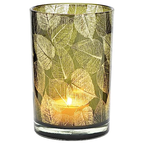 matches21 Botanisches Windlicht Grün mit schönen Blatt Muster - Atmosphärischer Kerzenhalter Glas durchscheinend - Teelichthalter klein Ø 12x18 cm von matches21 HOME & HOBBY