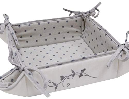 Brotkorb Stoff 35x35 cm - Eckiger Brötchenkorb zum Binden im Landhausstil, cremeweiß & hellgrau gepunktet mit Stickerei - dekorativ, Nachhaltig, waschbar, perfekt für Brot, Obst oder als Tischdeko von matches21 HOME & HOBBY