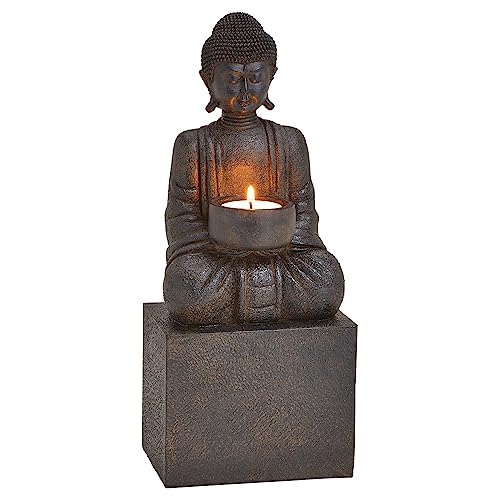 matches21 Buddha Deko Figur in schwarz sitzend auf Erhöhung - Buddha Figur Garten und Deko Wohnzimmer mit Teelichthalter - Statue Figur groß 30 cm von matches21 HOME & HOBBY