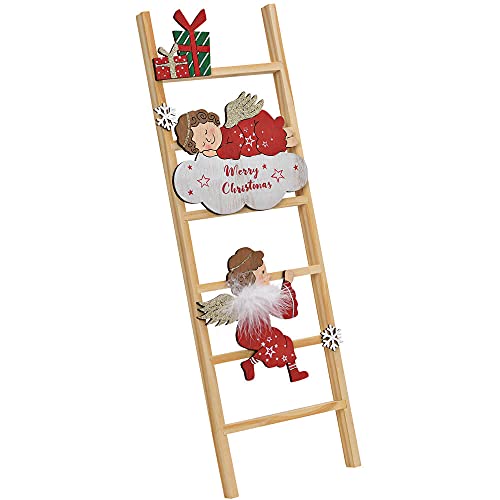 matches21 Engel auf Leiter Dekofigur Weihnachtsdeko Figur Dekoleiter Adventsdeko Winterdeko rot Natur Holz 1 STK 14x45 cm von matches21 HOME & HOBBY