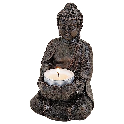 matches21 Entspannte Buddha Deko Figur in braun sitzend - Buddha Figur Garten und Deko Wohnzimmer mit Teelichthalter - Buddha Figur klein 14 cm von matches21 HOME & HOBBY