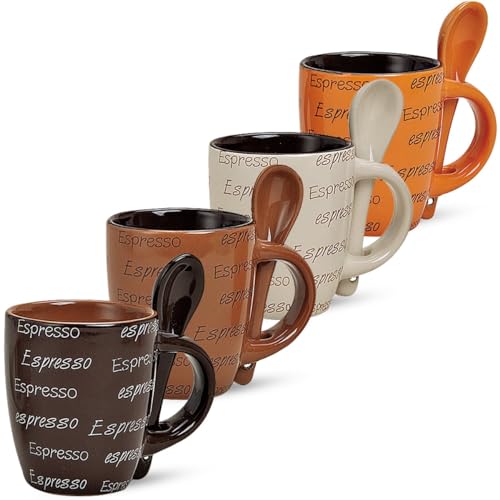 Espressotassen 4er Set mit Spruch in braun beige creme - Außergewöhnliche Keramik Kaffeetassen in 50ml mit Löffel - Schöne Mokka Tassen spülmaschinenfest und mikrowellengeeignet als Geschenk von matches21 HOME & HOBBY