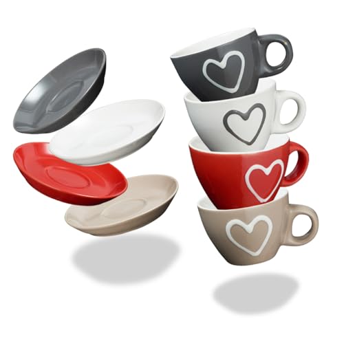 Espressotassen mit Unterteller 4er Set Herz in weiß grau braun rot - Keramik Kaffeetassen in 50ml für italienischen Espresso - Kleine Tassen spülmaschinenfest und mikrowellengeeignet als Geschenk von matches21 HOME & HOBBY