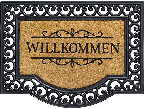 Kokosmatte als innen und aussen-bereich Fußmatte in 60x80 cm - Kokosfaser Gummi Türmatte Willkommen Spruch Ornamente als Sauberlaufmatte - Outdoor Fußabstreifer für Haustür, Flur, Garten von matches21 HOME & HOBBY