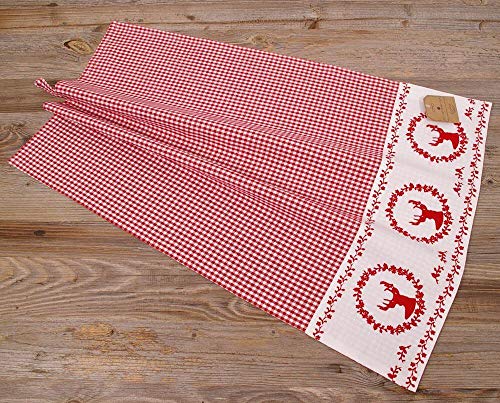 matches21 Geschirrtuch Abtrockentuch Landhaus Premium RESI kariert & Bordüre mit Hirsch Druck 50x70 cm - Rot von matches21 HOME & HOBBY