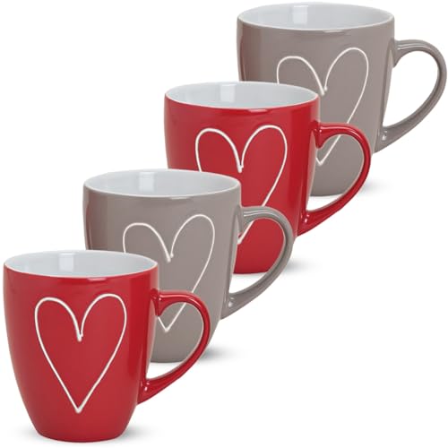 XXL Tassen 4er Set Motiv Herz in rot grau - Große Keramik Kaffeetassen in 400ml für Tee KaffeeCappuccino - Jumbo Kaffeebecher spülmaschinenfest und mikrowellengeeignet als Geschenk von matches21 HOME & HOBBY