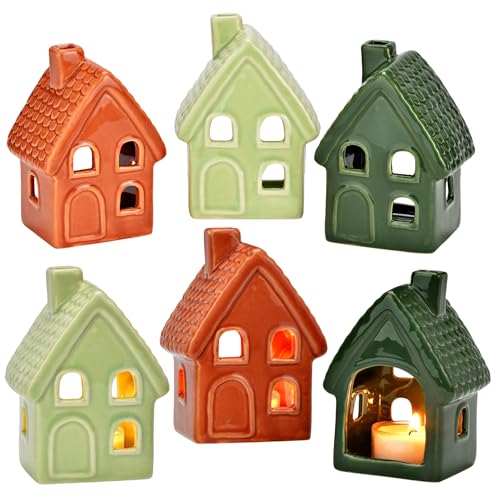 matches21 HOME & HOBBY 6er Set Porzellan Windlicht Häuser in Grün & Orange - Dekohäuser 10 cm Teelichthalter Weihnachten, Herbstdeko von matches21 HOME & HOBBY