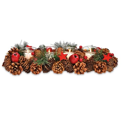 matches21 HOME & HOBBY Adventsgesteck 40 cm als Holz-Deko Teelicht-Halter mit Kerzengläser und grün roter Weihnachtsdeko von matches21 HOME & HOBBY