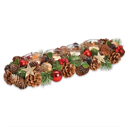 matches21 HOME & HOBBY Adventsgesteck 40 cm als Holz-Deko Teelicht-Halter mit Kerzengläser und rot brauner Weihnachtsdeko von matches21 HOME & HOBBY