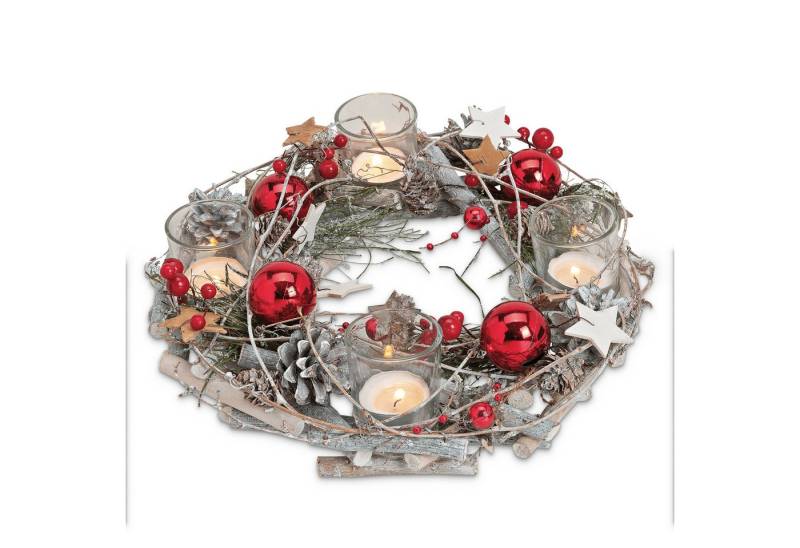 matches21 HOME & HOBBY Adventskranz Moderner Holz Adventskranz Ø 30 cm rot, weiß für Teelichter, Natur-Deko Tisch-Kranz als Weihnachtsdeko Teelichthalter von matches21 HOME & HOBBY