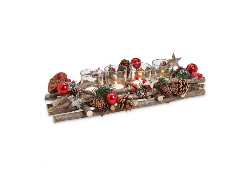 matches21 HOME & HOBBY Adventskranz Holz-Deko Adventsgesteck 40 cm Teelicht-Halter silber rot, Weihnachtsdeko Teelichthalter als längliche Tisch Kerzen-Deko von matches21 HOME & HOBBY