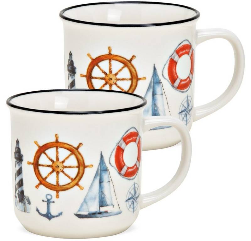 matches21 HOME & HOBBY Tasse Kaffeetassen 2er Set Emaille-Optik Maritim Anker Leuchtturm, Porzellan, Tee Kaffee-Becher, Vintage, weiss bunt, ca. 300 ml von matches21 HOME & HOBBY