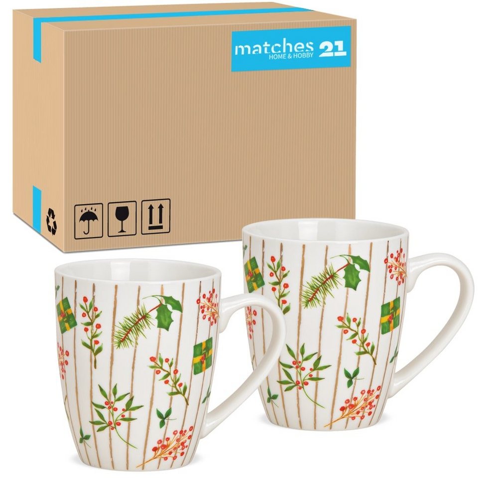 matches21 HOME & HOBBY Tasse Weihnachtstassen 36er Set gestreift Weihnachtsdeko Kaffeetassen, Porzellan, Tee Kaffee-Becher, Weihnachten, Vintage, weiss bunt, 300 ml von matches21 HOME & HOBBY