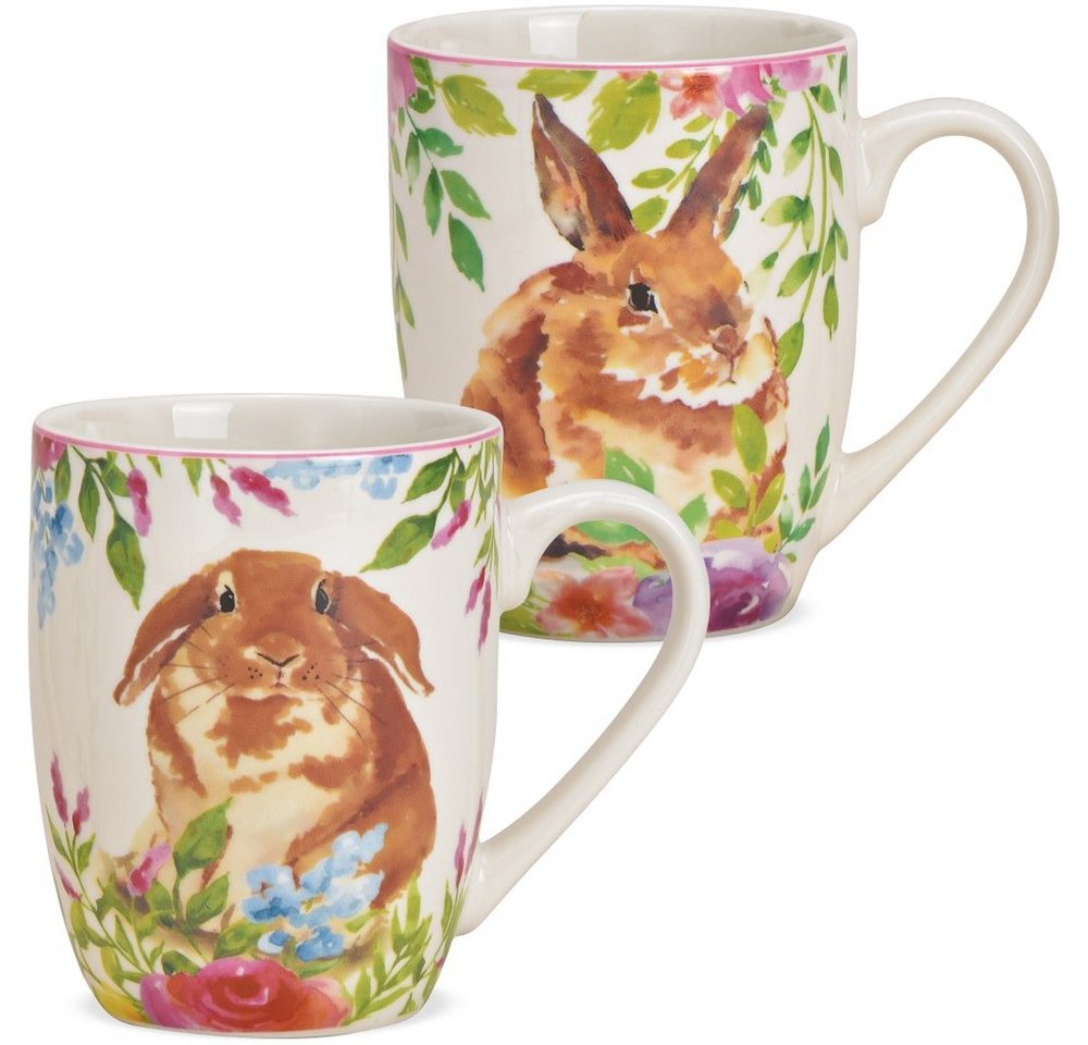 matches21 HOME & HOBBY Tasse Kaffeetassen 2er Set Ostern Frühling Osterhasen gemalt, Porzellan, Tee, Kaffee-Becher, klassisch, weiss bunt, 355 ml von matches21 HOME & HOBBY