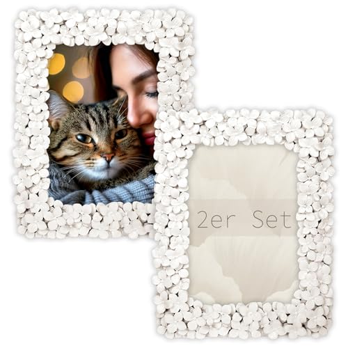 matches21 HOME & HOBBY Bilderrahmen Set 13 x 18 cm aus Harz - Rechteckige Fotorahmen, Weiß mit 3D Blumenmuster zum hinstellen von matches21 HOME & HOBBY