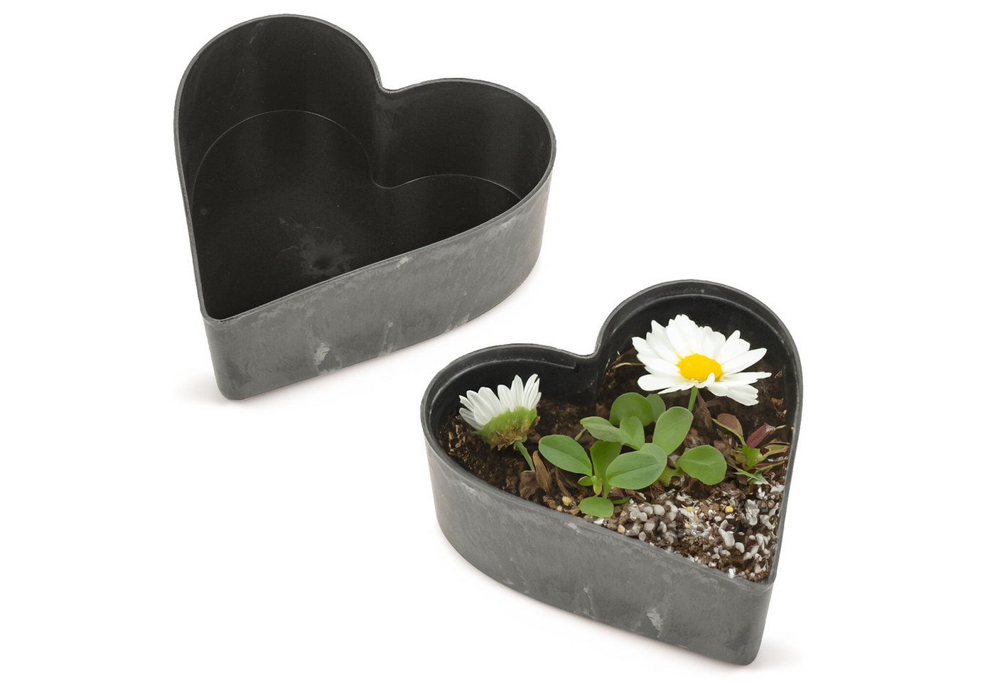 matches21 HOME & HOBBY Blumentopf Herz Pflanzschalen für draussen 2 Stk. schwarz marmoriert in 22 cm (2 St), Blumen-Schale als wetterfeste Friedhof-Schale Grab-Schmuck Grabschale von matches21 HOME & HOBBY