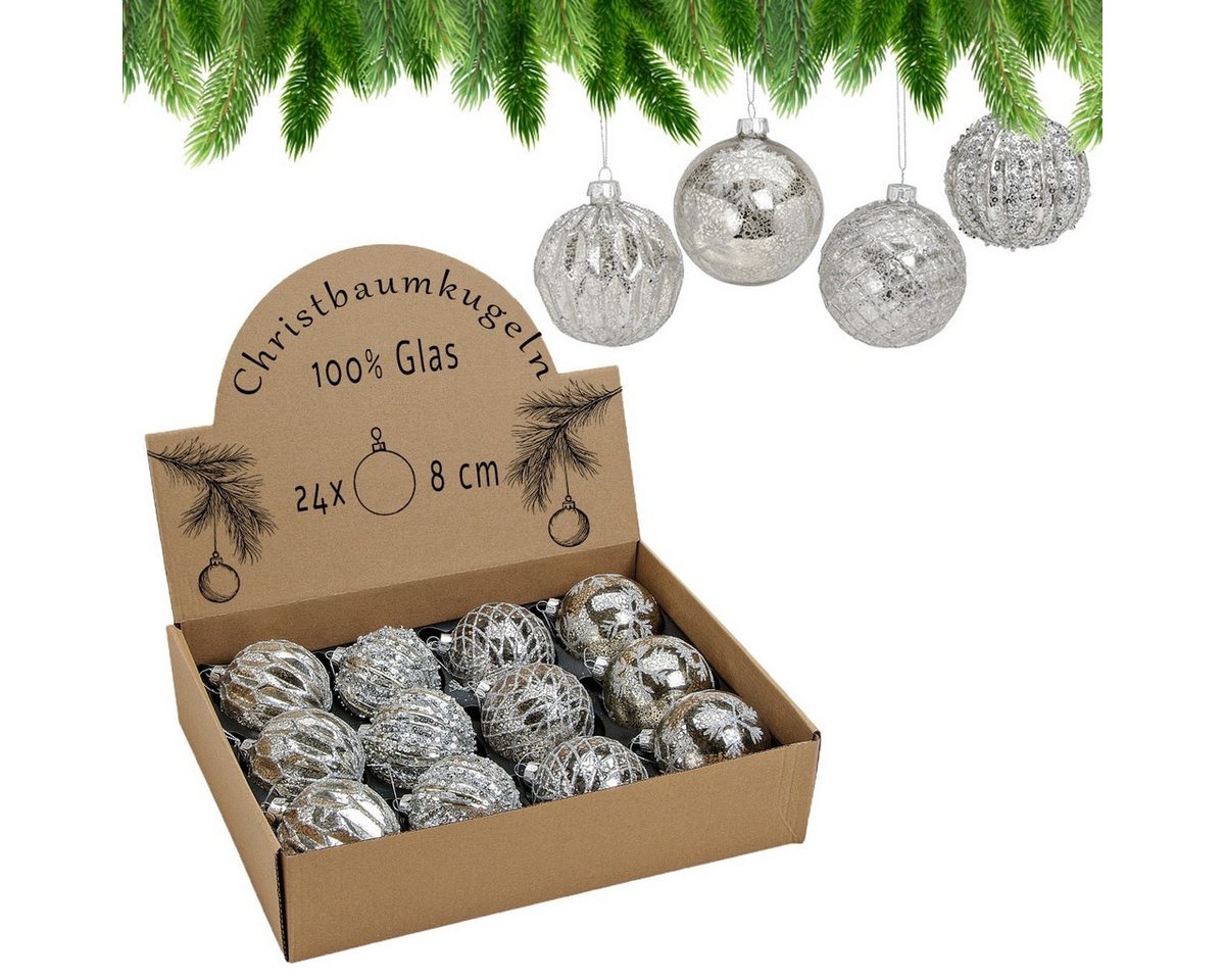 matches21 HOME & HOBBY Christbaumschmuck Glas Christbaum-Kugeln 24er Set Christbaum-Schmuck Silber glitzernd (24-tlg), Ø 8 cm Weihnachtsbaum-Schmuck als Weihnachten Baum-Schmuck von matches21 HOME & HOBBY