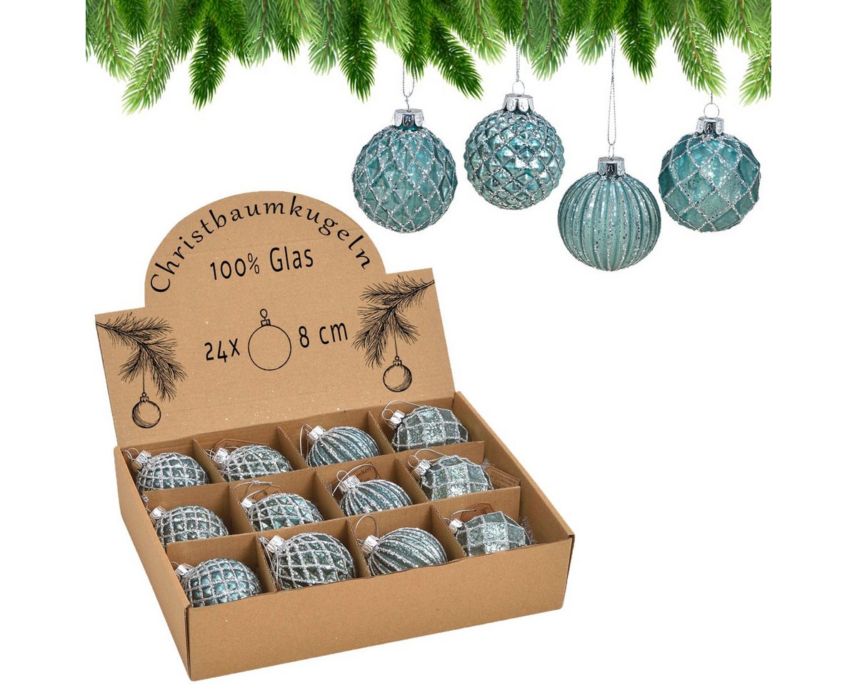 matches21 HOME & HOBBY Christbaumschmuck Glas Christbaum-Kugeln 24er Set Christbaum-Schmuck Türkis blau (24-tlg), Ø 8 cm Weihnachtsbaum-Schmuck als Weihnachten Baum-Schmuck von matches21 HOME & HOBBY
