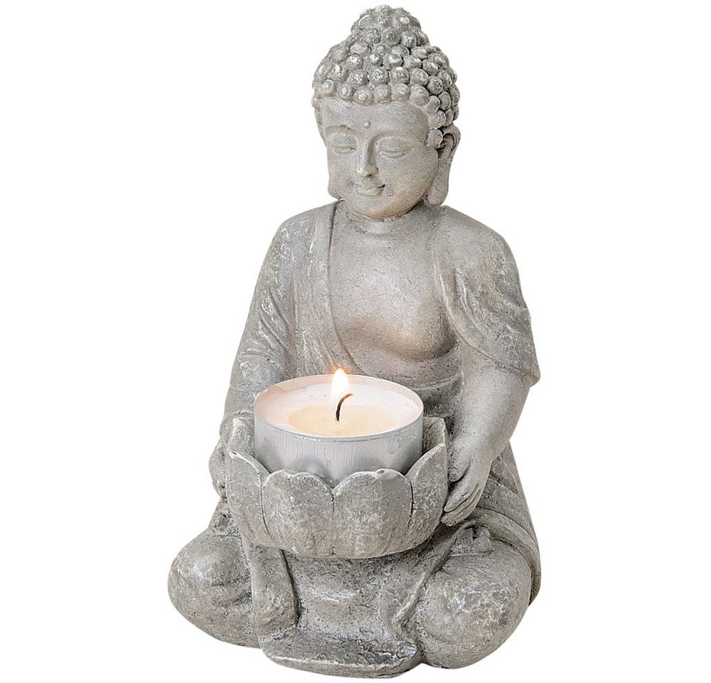 matches21 HOME & HOBBY Dekofigur Buddha Figur Deko sitzend Garten Teelichthalter grau (1 St) von matches21 HOME & HOBBY