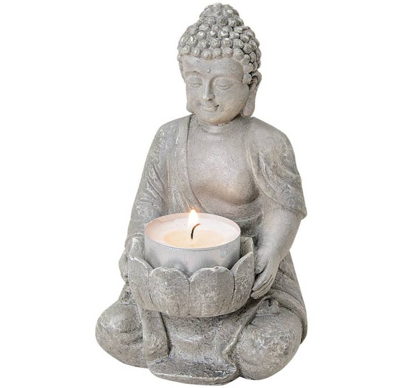 matches21 HOME & HOBBY Dekofigur Buddha Figur Deko sitzend Garten Teelichthalter grau (1 St) von matches21 HOME & HOBBY