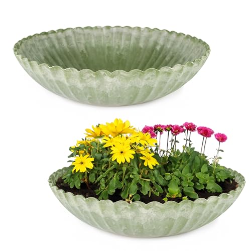 matches21 HOME & HOBBY Gewellte Pflanzschalen für draussen in 35 x 9 cm grün marmoriert als wetterfeste Blumen-Schalen von matches21 HOME & HOBBY
