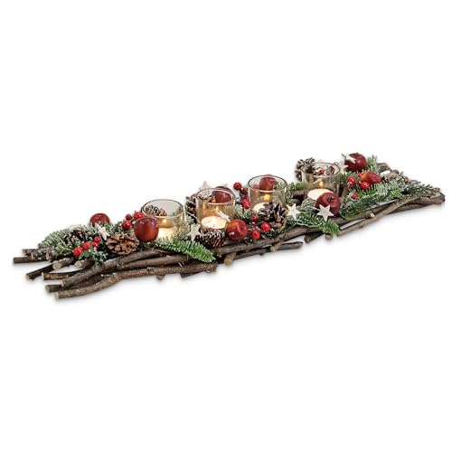 matches21 HOME & HOBBY Großes Adventsgesteck 60 cm als Holz-Deko Teelicht-Halter mit Kerzengläser und roter Weihnachtsdeko von matches21 HOME & HOBBY