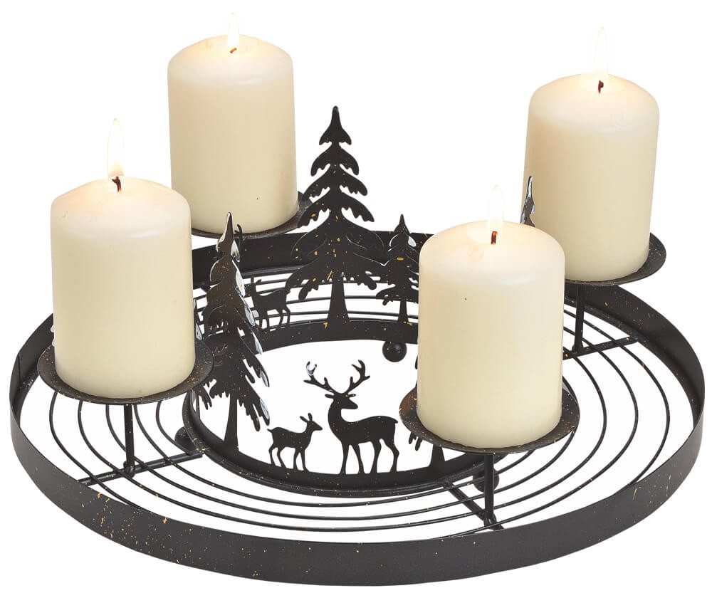 matches21 HOME & HOBBY Kerzenhalter Metall Adventskranz mit Deko und Kerzen-Stecker schwarz Ø 30 cm, Kerzenhalter Kranz als Stumpenkerzen Advent Weihnachten Tischdeko von matches21 HOME & HOBBY
