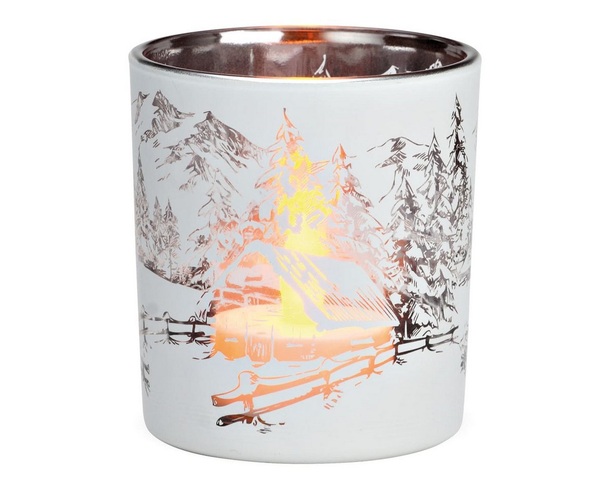 matches21 HOME & HOBBY Kerzenhalter Glas Windlicht Winter-Wald Motiv Teelichthalter Ø 7 x 8 cm weiß (1 St), Schönes Teelicht Kerzenglas als Winter-Deko Weihnachten Tischdeko von matches21 HOME & HOBBY