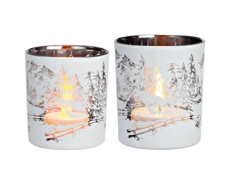 matches21 HOME & HOBBY Kerzenhalter Glas Windlichter 2er Set Winter-Wald Teelichthalter Ø 7 x 10 cm weiß (2 St), Schöne Teelicht Kerzengläser als Winter-Deko Weihnachten Tischdeko von matches21 HOME & HOBBY