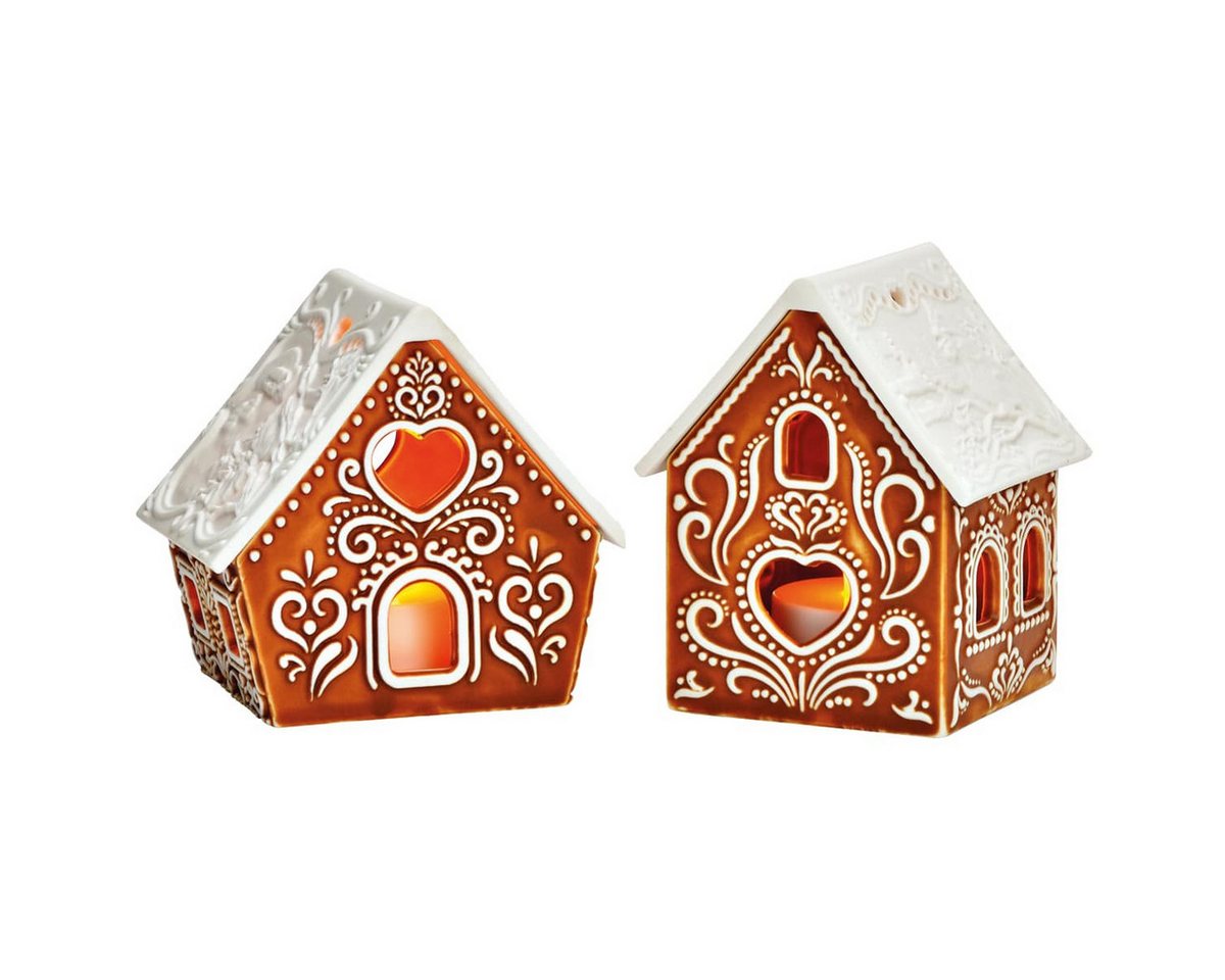 matches21 HOME & HOBBY Kerzenhalter Lebkuchen Lichthaus 9 cm als Teelichthalter Windlicht Tischdeko (2 St), Porzellan Lebkuchenhaus als Weihnachtsdeko ohne Leuchtmittel von matches21 HOME & HOBBY