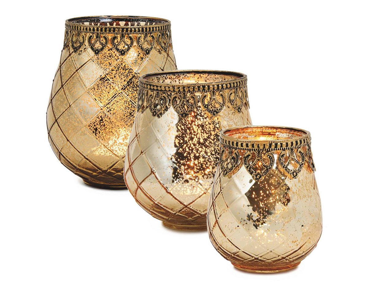 matches21 HOME & HOBBY Kerzenhalter Vintage Kerzengläser Set Outdoor Windlicht Laternen gold (3 St), Moderner Glas Kerzenhalter als Wohnzimmer Balkon Hochzeit Tisch-Deko von matches21 HOME & HOBBY