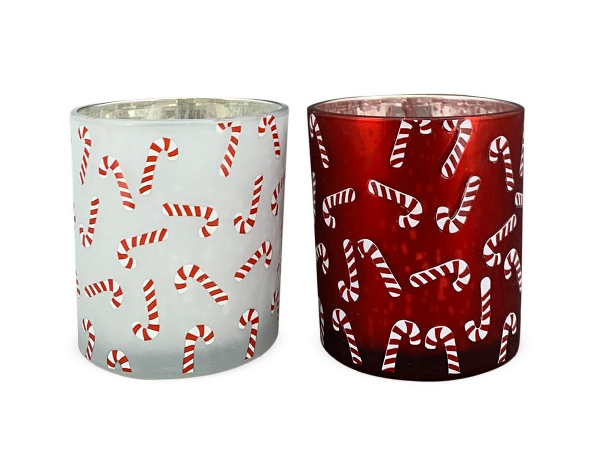 matches21 HOME & HOBBY Kerzenhalter Windlichter Zuckerstangen, aus Glas in Weiß & Rot, Ø 7,3x8 cm (2 St), Festliche Kerzenhalter für Innen als Weihnachtsdeko von matches21 HOME & HOBBY