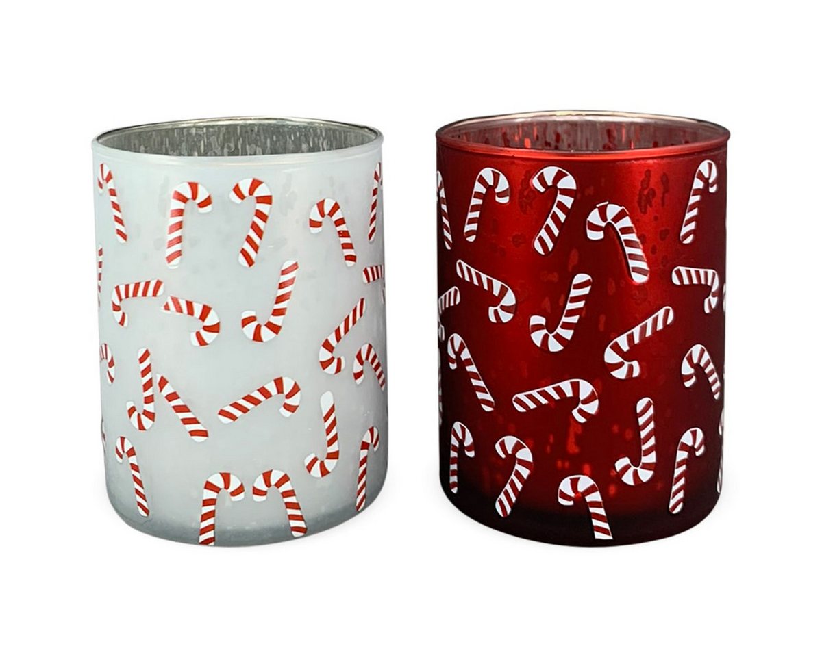 matches21 HOME & HOBBY Kerzenhalter Windlichter Zuckerstangen, aus Glas in Weiß & Rot, Ø 8x10 cm (2 St), Festliche Kerzenhalter für Innen als Weihnachtsdeko von matches21 HOME & HOBBY