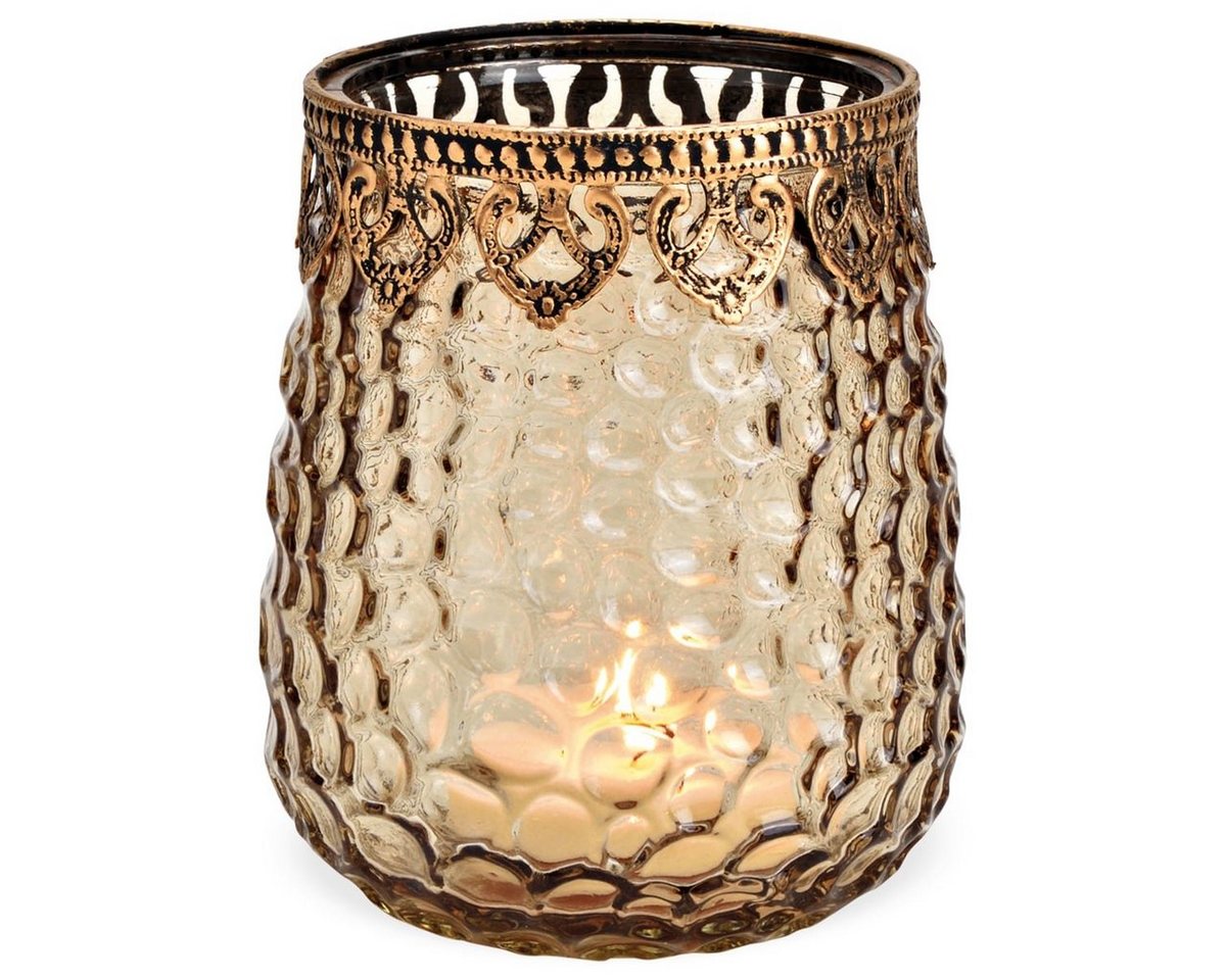 matches21 HOME & HOBBY Kerzenhalter Windlicht aus Glas in braun mit Metall Dekor in ø 9x9 cm von matches21 HOME & HOBBY