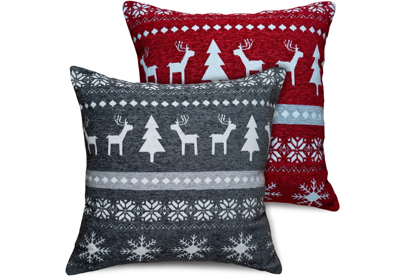 matches21 HOME & HOBBY Kissenbezüge 2er Misch-Set Kissenhüllen 45x45 cm Elche & Muster grau rot als Deko, (2 Stück), Zierkissen-Bezüge für Sofa-Kissen, Couch-Kissen von matches21 HOME & HOBBY