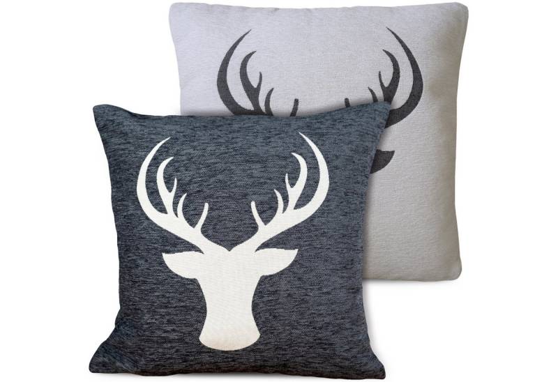 matches21 HOME & HOBBY Kissenbezüge 2er Misch-Set Kissenhüllen 45x45 cm Hirsch dunkelgrau als Winter-Deko, (2 Stück), Zierkissen-Bezüge für Sofa-Kissen, Couch-Kissen von matches21 HOME & HOBBY