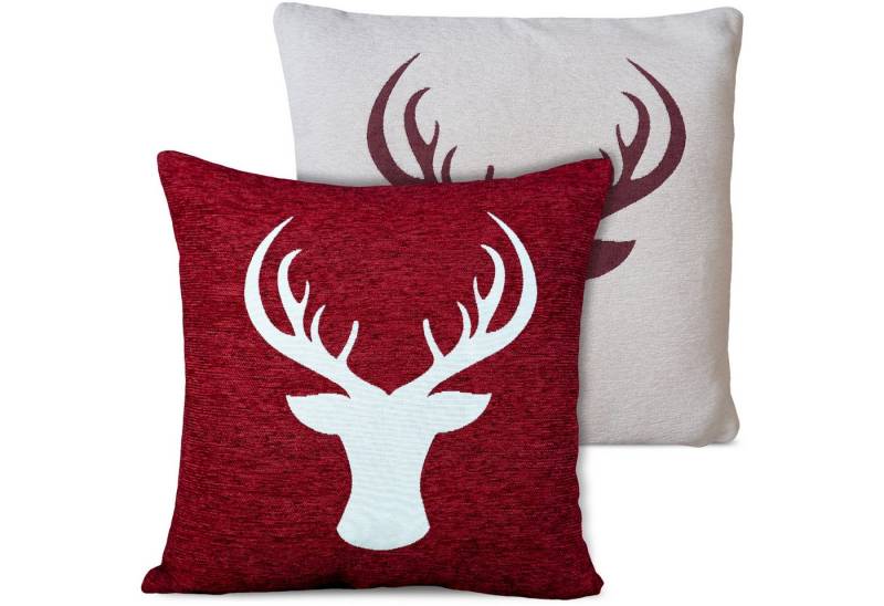 matches21 HOME & HOBBY Kissenbezüge 2er Misch-Set Kissenhüllen 45x45 cm Hirsch dunkelrot als Winter-Deko, (2 Stück), Zierkissen-Bezüge für Sofa-Kissen, Couch-Kissen von matches21 HOME & HOBBY