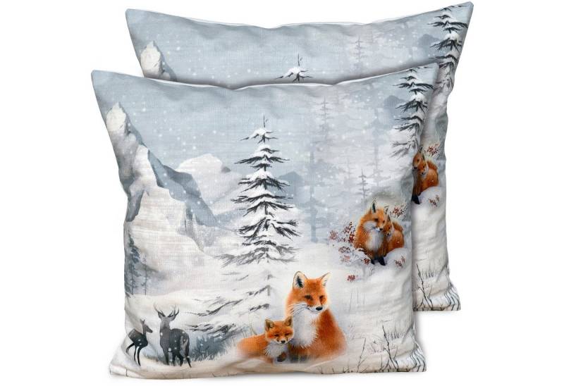 matches21 HOME & HOBBY Kissenbezüge 2er Set Kissenhüllen 40x40 cm Winterwald mit Fuchs, Hirsch als Deko, (2 Stück), Zierkissen-Bezüge für Sofa-Kissen, Couch-Kissen von matches21 HOME & HOBBY