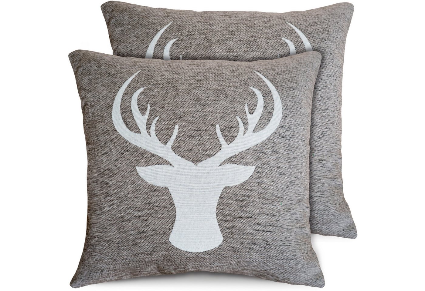 matches21 HOME & HOBBY Kissenbezüge 2er Set Kissenhüllen 45x45 cm beige mit Hirsch als Weihnachts-Deko, (2 Stück), Zierkissen-Bezüge für Sofa-Kissen, Couch-Kissen von matches21 HOME & HOBBY