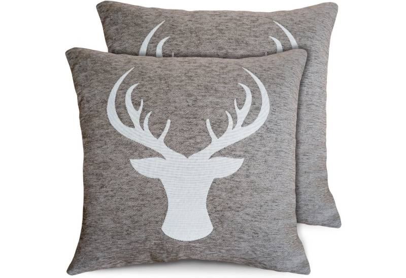 matches21 HOME & HOBBY Kissenbezüge 2er Set Kissenhüllen 45x45 cm beige mit Hirsch als Weihnachts-Deko, (2 Stück), Zierkissen-Bezüge für Sofa-Kissen, Couch-Kissen von matches21 HOME & HOBBY