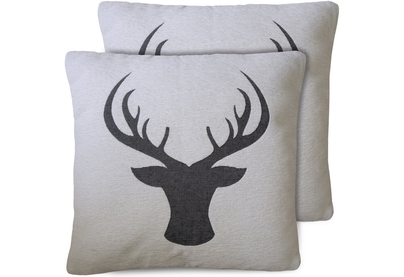 matches21 HOME & HOBBY Kissenbezüge 2er Set Kissenhüllen 45x45 cm beige mit Hirsch grau als Weihnachtsdeko, (2 Stück), Zierkissen-Bezüge für Sofa-Kissen, Couch-Kissen von matches21 HOME & HOBBY