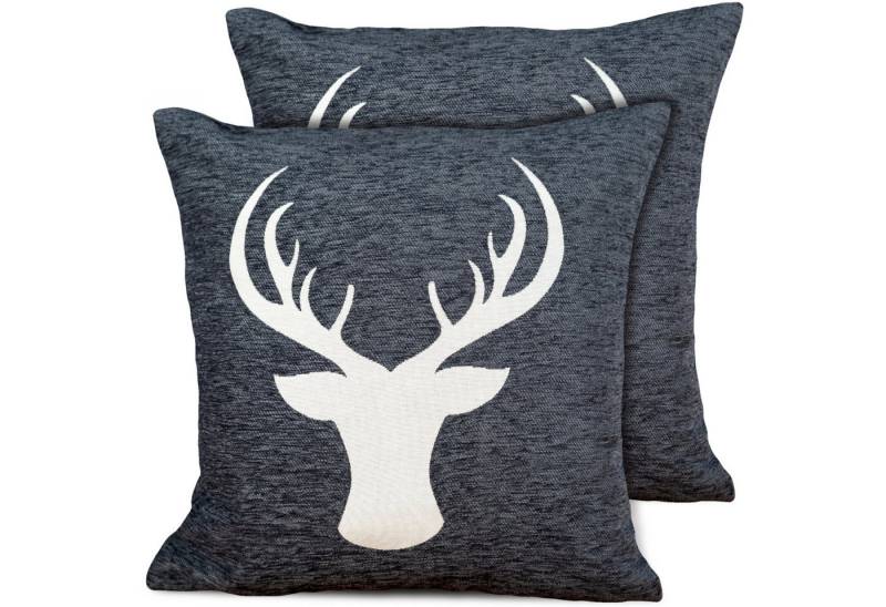 matches21 HOME & HOBBY Kissenbezüge 2er Set Kissenhüllen 45x45 cm dunkelgrau mit Hirsch als Weihnachtsdeko, (2 Stück), Zierkissen-Bezüge für Sofa-Kissen, Couch-Kissen von matches21 HOME & HOBBY